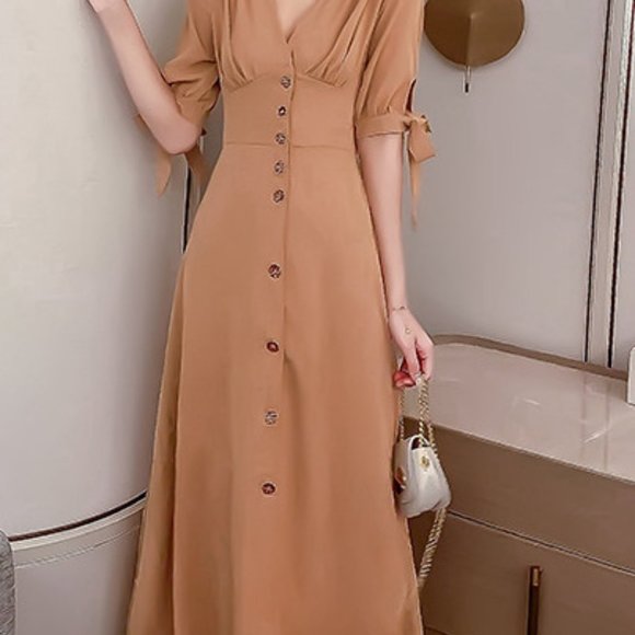 C050 Women Sexy Deep V neck Cotton Maxi Dress Short Sleeves Button Up Clothing - Picture 5 of 7